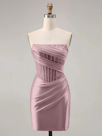 Roselle Dress dusty pink satin corset mini dress strapless wrap lace bodice homecoming gown front view