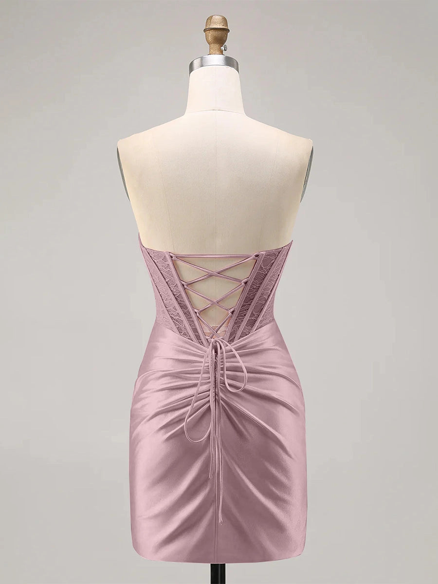 Roselle Dress mauve bodycon dress strapless lace corset criss cross lace up back mini homecoming dress rear view