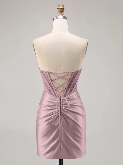 Roselle Dress mauve bodycon dress strapless lace corset criss cross lace up back mini homecoming dress rear view