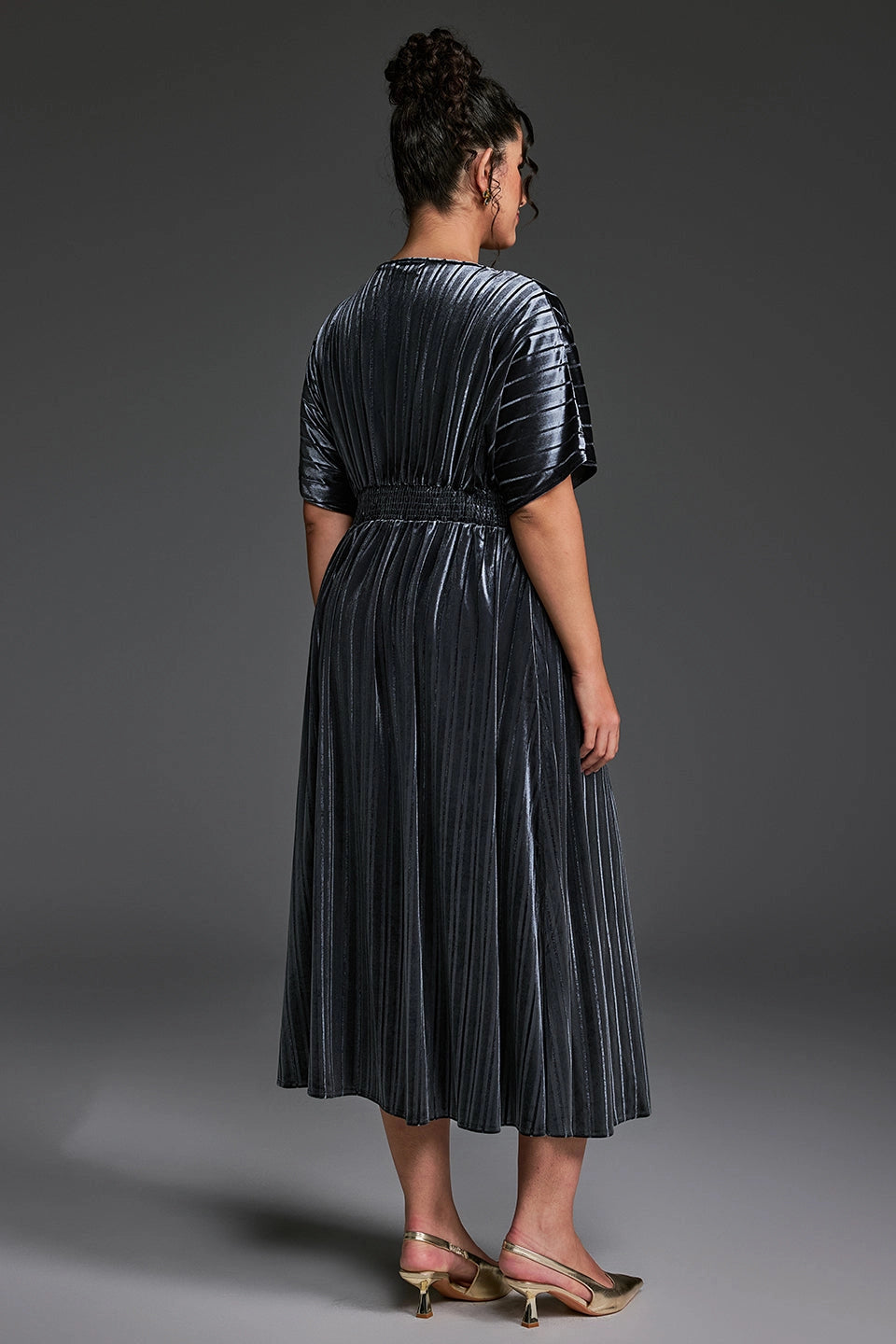 roselledress metallic stripe velvet curvy midi dress solid plain back elastic waist short sleeve party dress