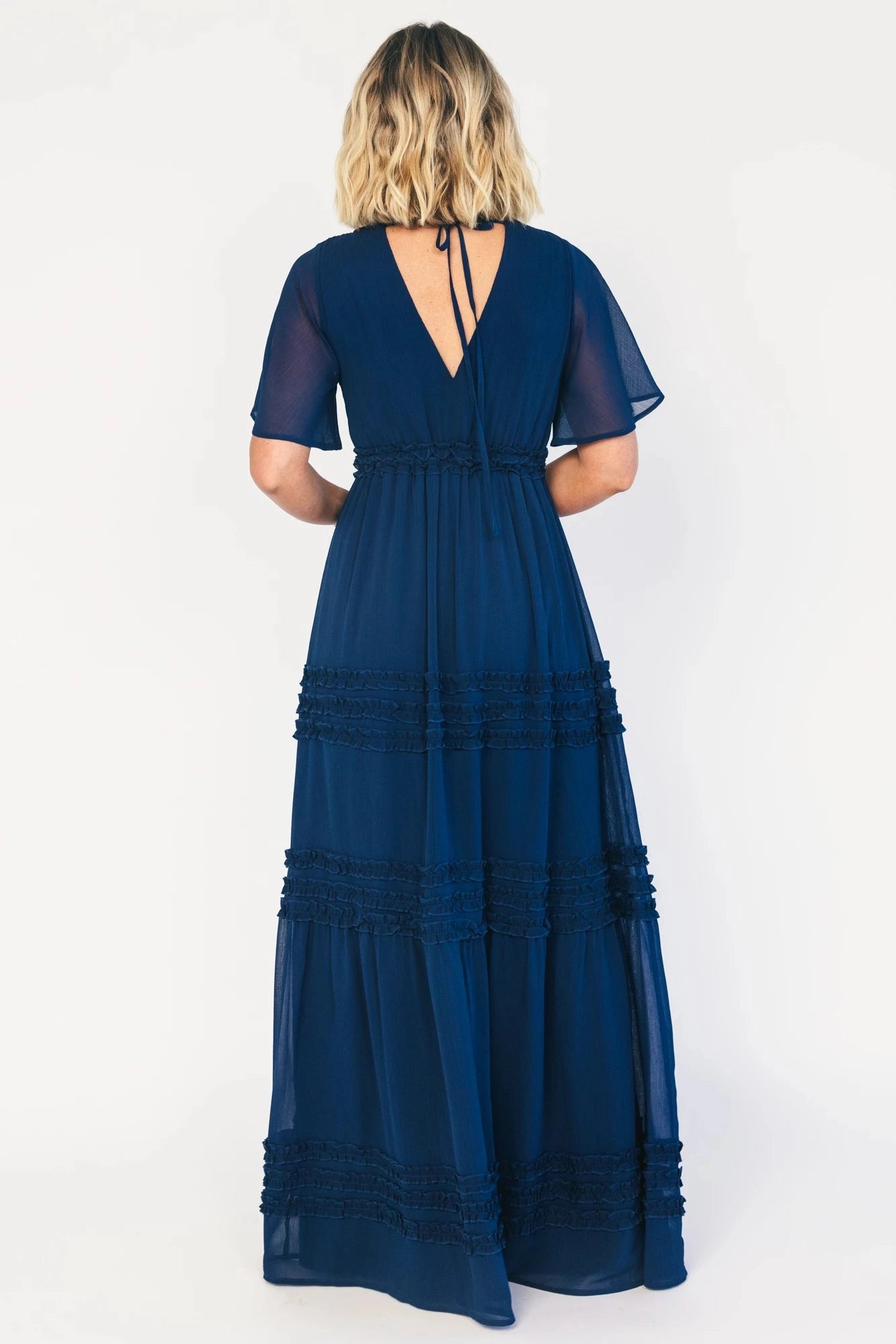 Roselledress navy tiered chiffon formal maxi dress open tie back mother gown rear view
