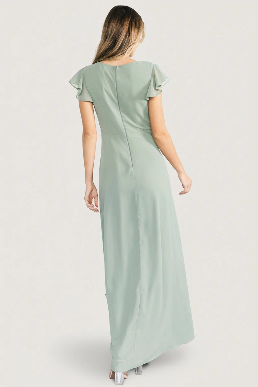 Roselledress sage wrap chiffon long dress zipper back formal gown rear view