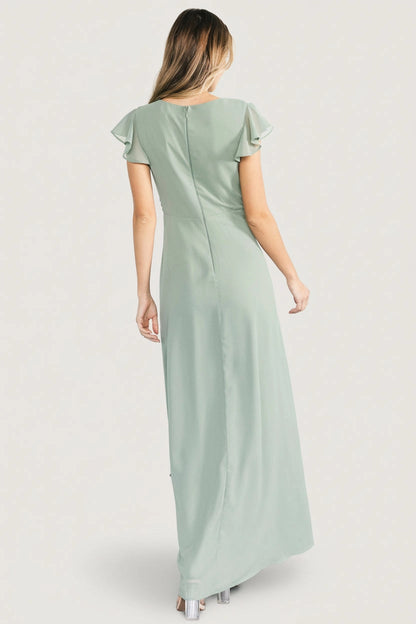Roselledress sage wrap chiffon long dress zipper back formal gown rear view