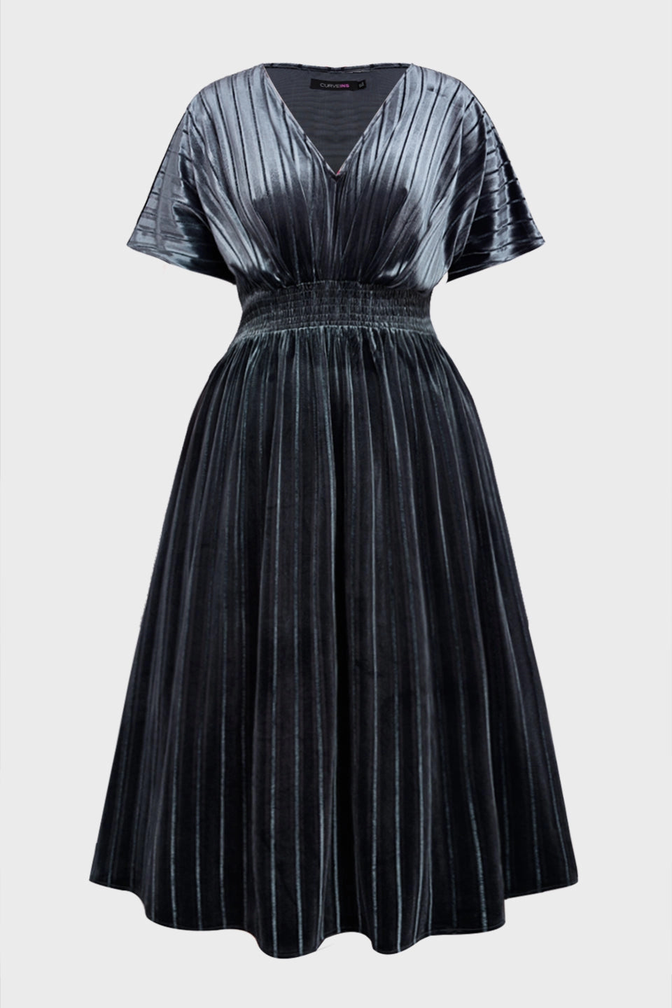 Shiny Plus Size A-Line V-Neck Dolman-Sleeve Solid-Back Midi-Length Mother Of Bride Dress