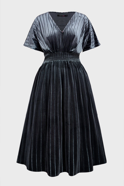 Shiny Plus Size A-Line V-Neck Dolman-Sleeve Solid-Back Midi-Length Mother Of Bride Dress