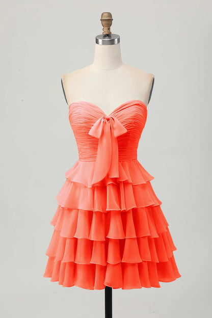 Cream A Line Strapless Sweetheart Plain Back Tiered Mini Homecoming Dress