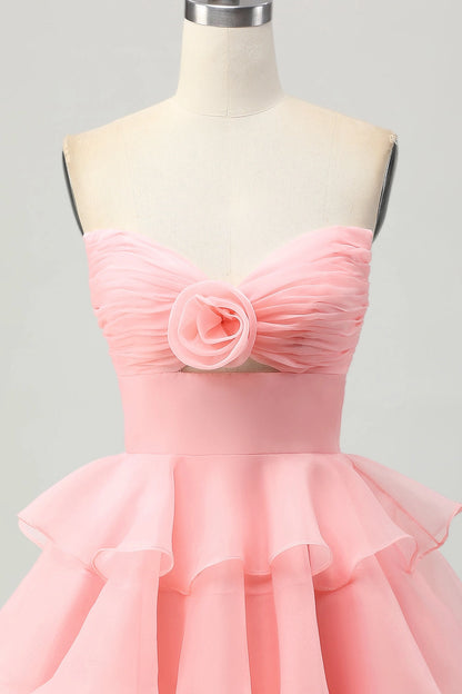 Pink A-Line Sweetheart Strapless Closed Back Mini Homecoming Dress