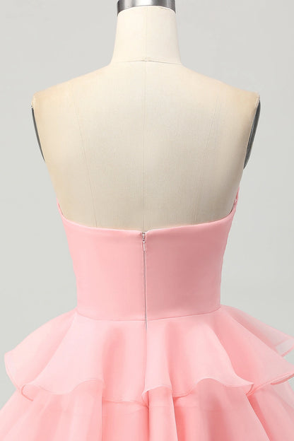 Pink A-Line Sweetheart Strapless Closed Back Mini Homecoming Dress