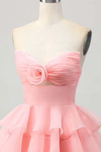 Pink A-Line Sweetheart Strapless Closed Back Mini Homecoming Dress