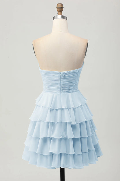 Cream A Line Strapless Sweetheart Plain Back Tiered Mini Homecoming Dress