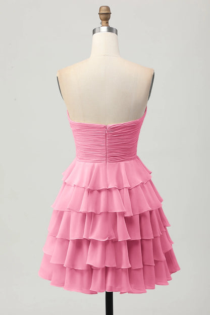 Cream A Line Strapless Sweetheart Plain Back Tiered Mini Homecoming Dress