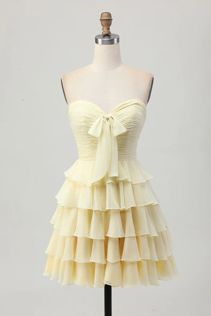 Cream A Line Strapless Sweetheart Plain Back Tiered Mini Homecoming Dress