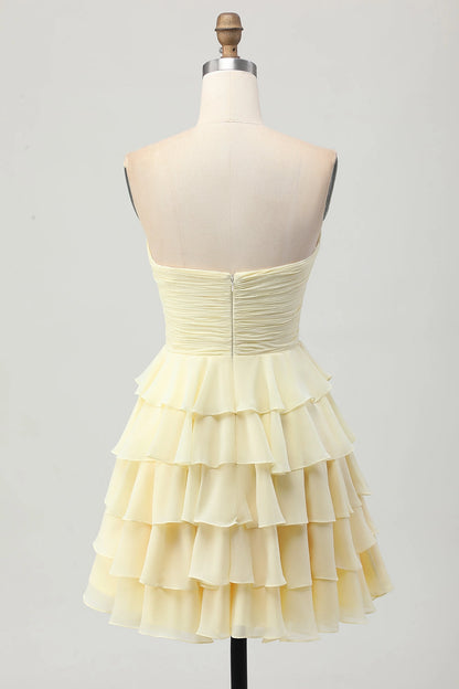 Cream A Line Strapless Sweetheart Plain Back Tiered Mini Homecoming Dress