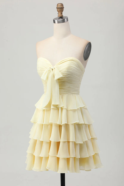 Cream A Line Strapless Sweetheart Plain Back Tiered Mini Homecoming Dress