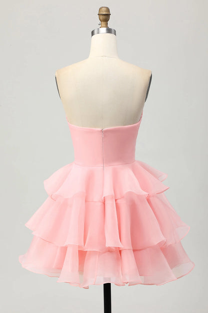 Pink A-Line Sweetheart Strapless Closed Back Mini Homecoming Dress