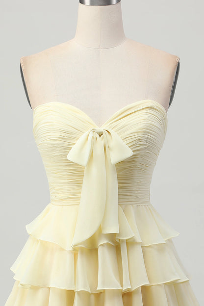 Cream A Line Strapless Sweetheart Plain Back Tiered Mini Homecoming Dress
