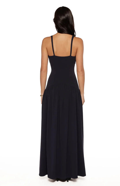 RoselleDress plain open back black stretch knit maxi gown adjustable straps back view
