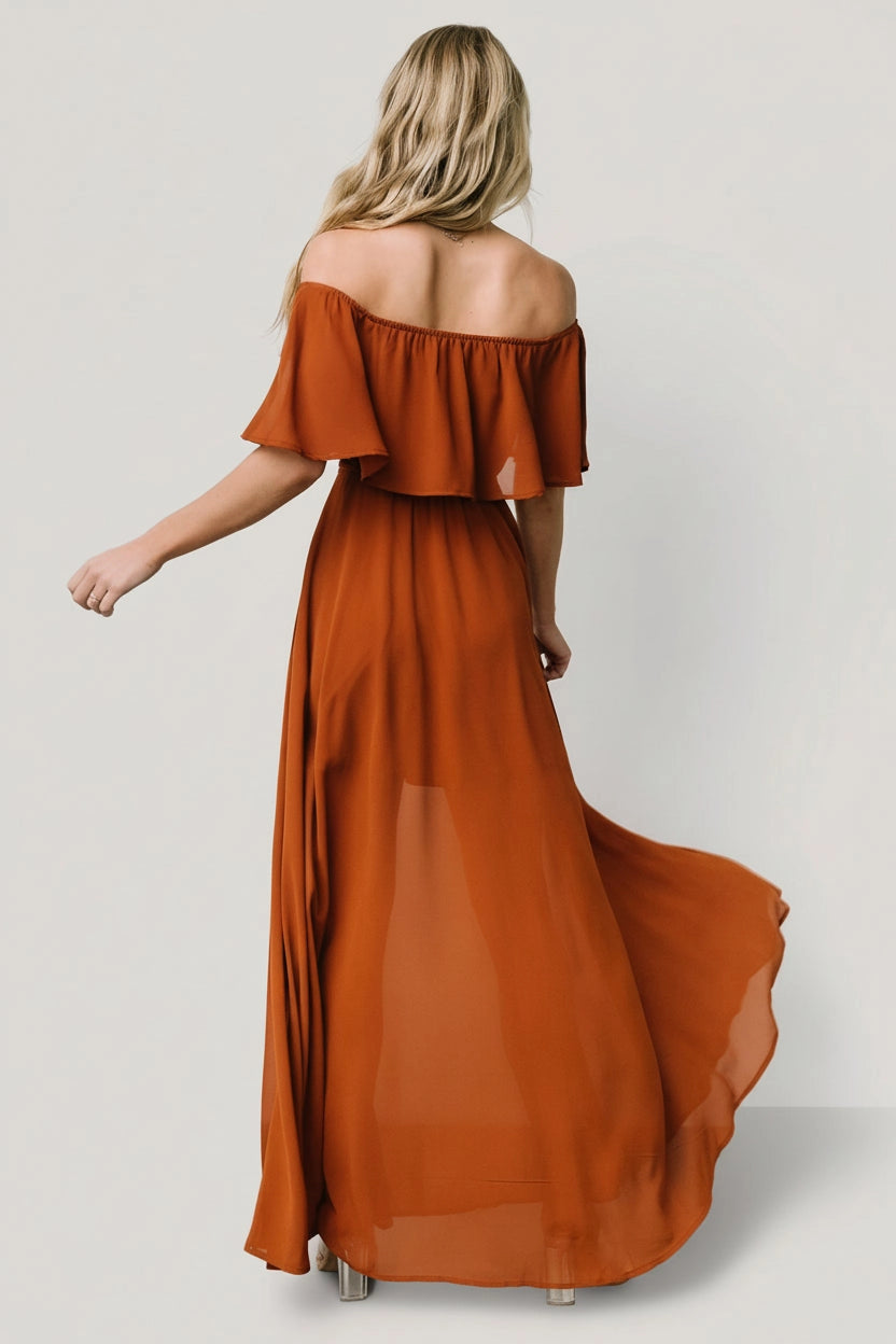 Flowy A-line Off-The-Shoulder Ruffle Sleeve Open-Back Mother Of Bride Dress