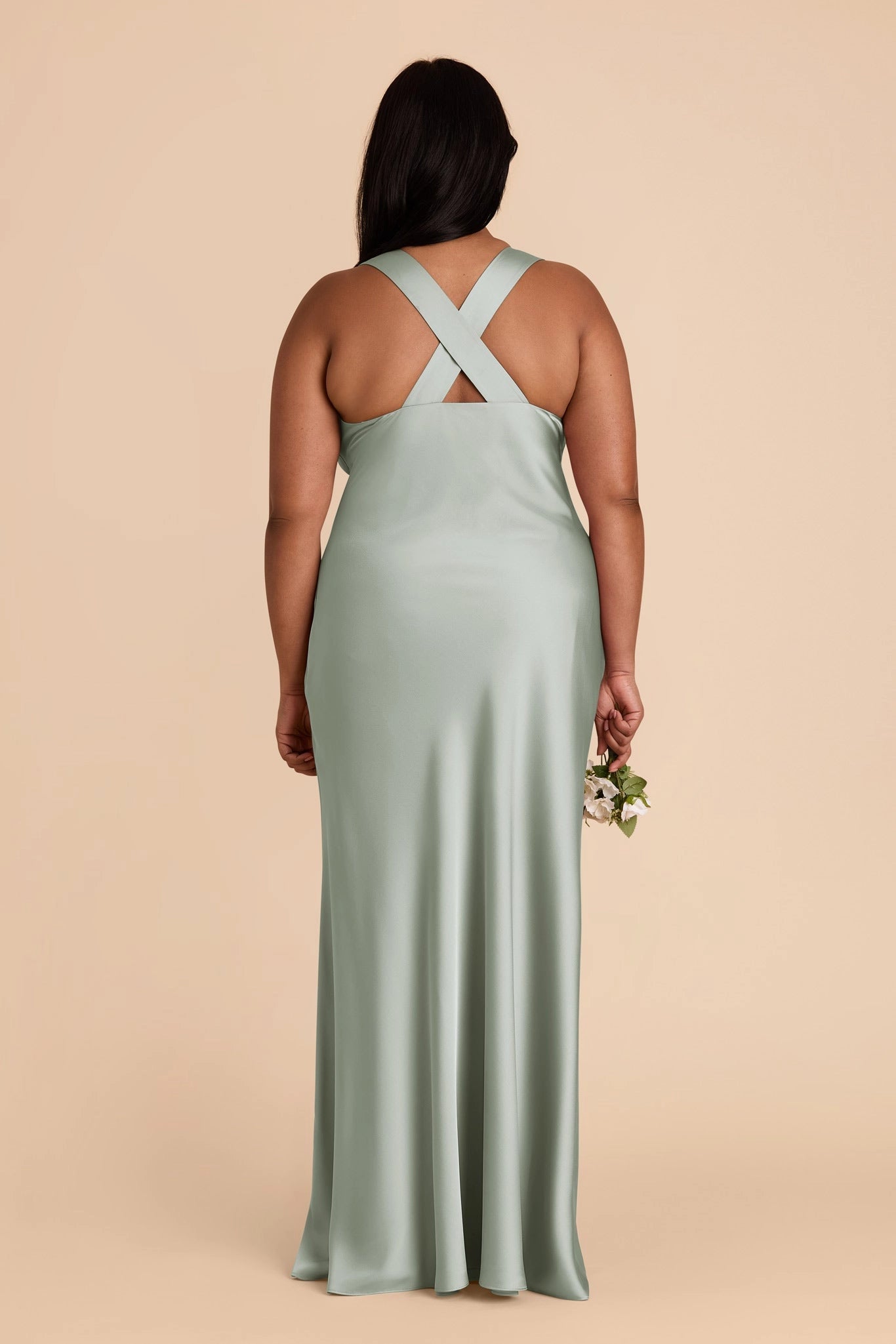 Cross open back plus size sage green satin bridesmaid maxi dress back view roselledress