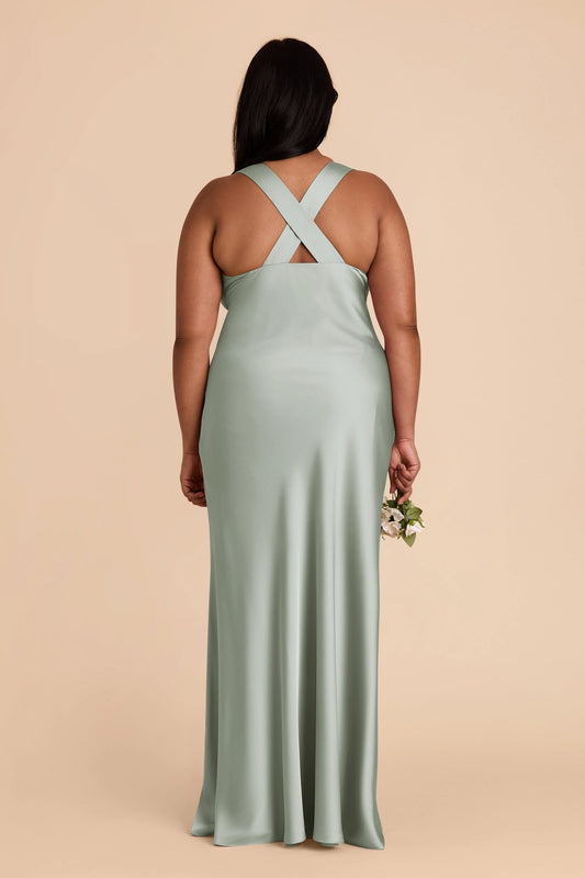 Cross open back plus size sage green satin bridesmaid maxi dress back view roselledress