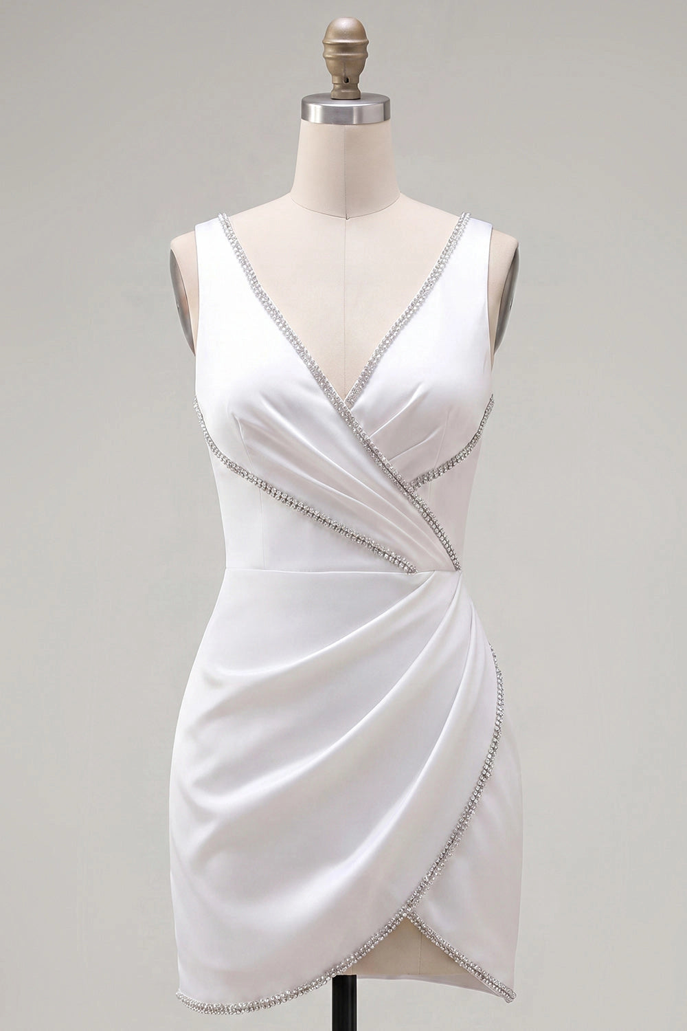 Light Blue Sheath Deep V Sleeveless Low V Back Rhinestone Mini Homecoming Dress