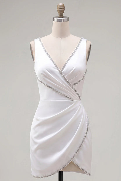 Light Blue Sheath Deep V Sleeveless Low V Back Rhinestone Mini Homecoming Dress