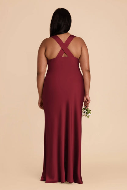 Soft Satin Mermaid V Neck Sleeveless Cross Back Maxi Plus Size Bridesmaid Dress