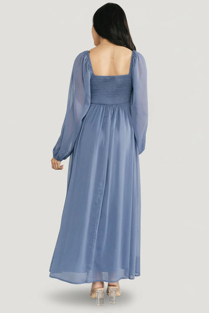 Flowy Midi V-Neck Twist Long Sleeve Smocked-Back Mother Of Bride Dress