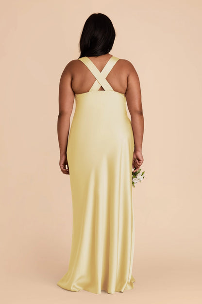Soft Satin Mermaid V Neck Sleeveless Cross Back Maxi Plus Size Bridesmaid Dress