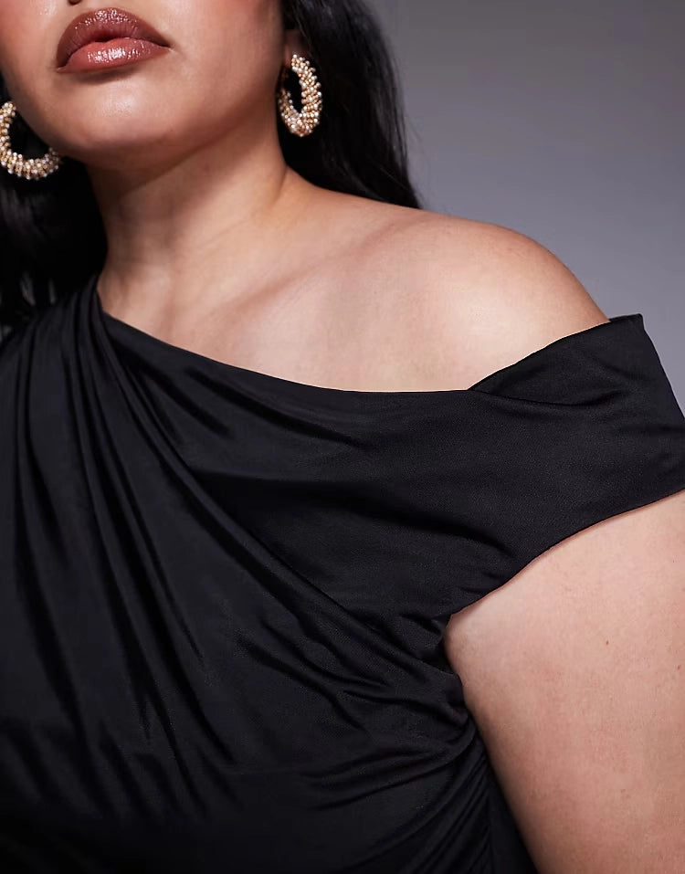 Roselledress Stretch Ruched One‑Shoulder Cap Sleeve Draped Back Maxi Plus Size Wedding Guest Dress