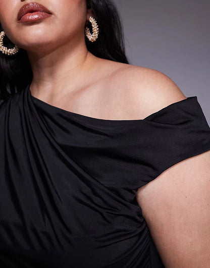 Roselledress Stretch Ruched One‑Shoulder Cap Sleeve Draped Back Maxi Plus Size Wedding Guest Dress