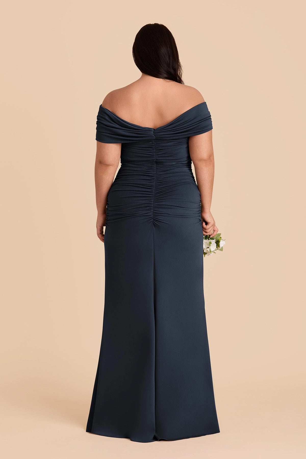 Elegant Off‑the‑Shoulder Ruched Mermaid Twist‑Back Maxi Plus Size Bridesmaid Dress