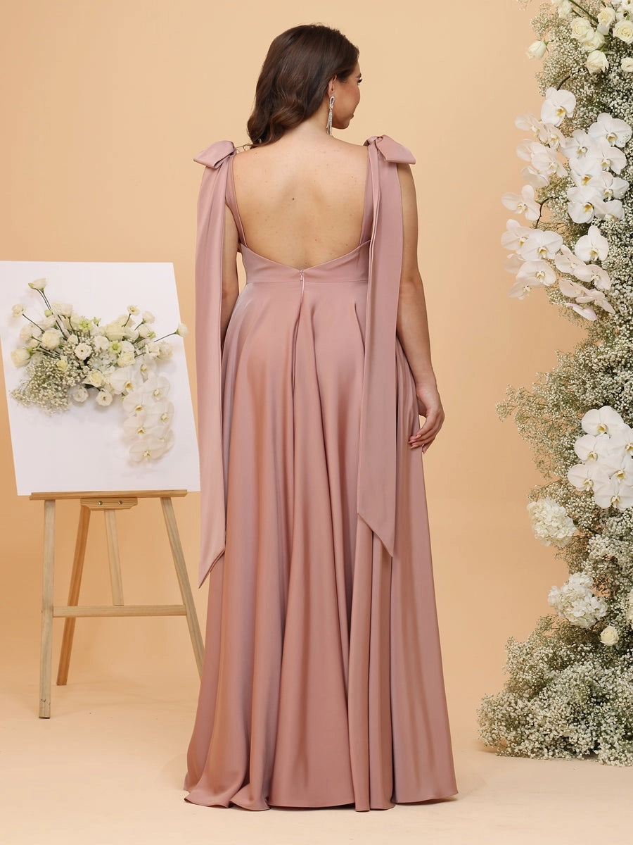 RoselleDress dusty pink plus size bridesmaid dress open back tie shoulder strap maxi gown back view