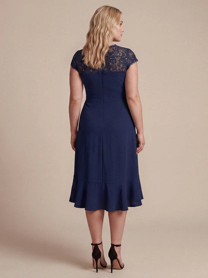 Roselledress Dusty Mauve Wrap V-Neck Lace Cap Sleeve Zip Back Midi Plus Size Weeding Guest Dress
