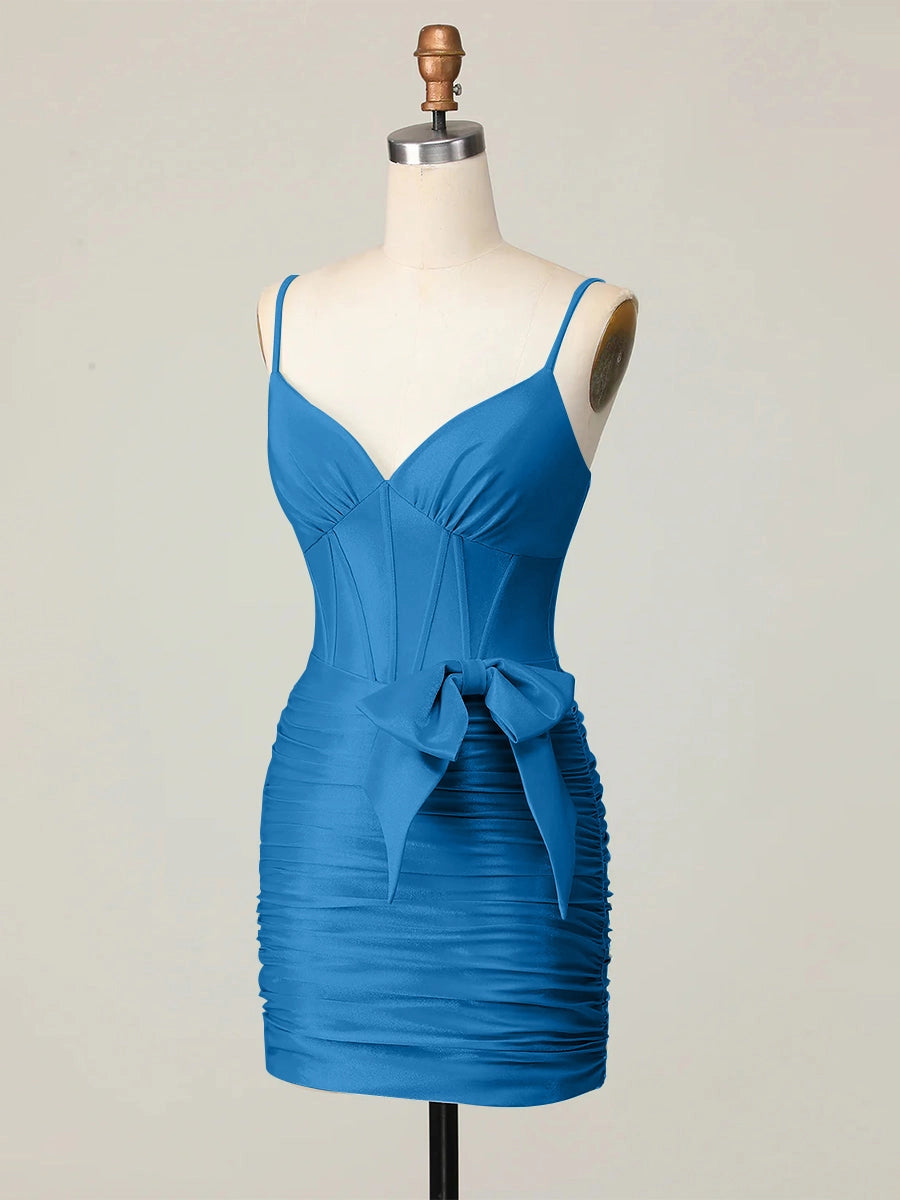 Ocean Blue Bodycon V Neck Spaghetti Strap Plain Back Mini Homecoming Dress