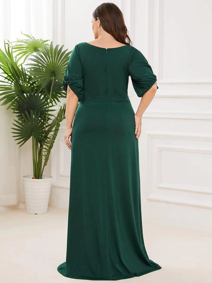 Roselledress Beaded A-Line Plus Size Scoop Cutout Sleeve Zipper Back Floor Weeding Guest Dress