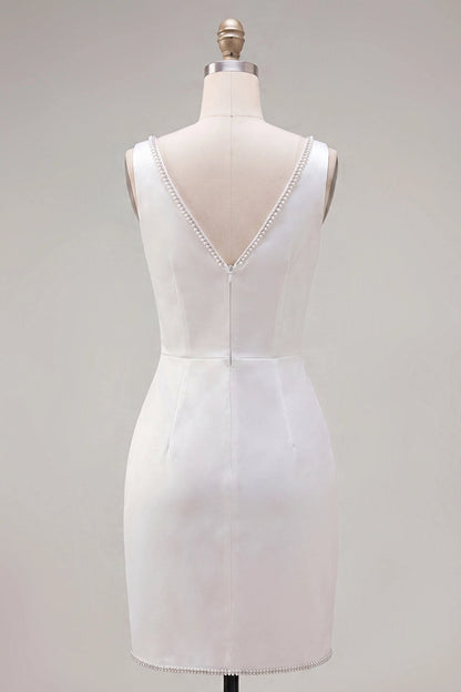 Light Blue Sheath Deep V Sleeveless Low V Back Rhinestone Mini Homecoming Dress