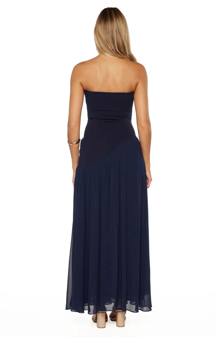 RoselleDress navy chiffon knit blend strapless open back long wedding guest gown