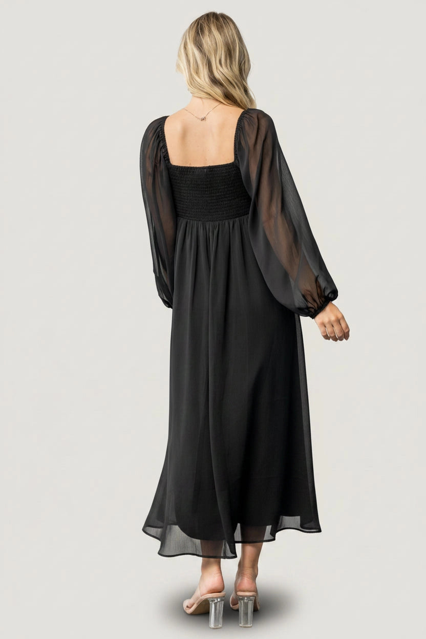 Flowy Midi V-Neck Twist Long Sleeve Smocked-Back Mother Of Bride Dress
