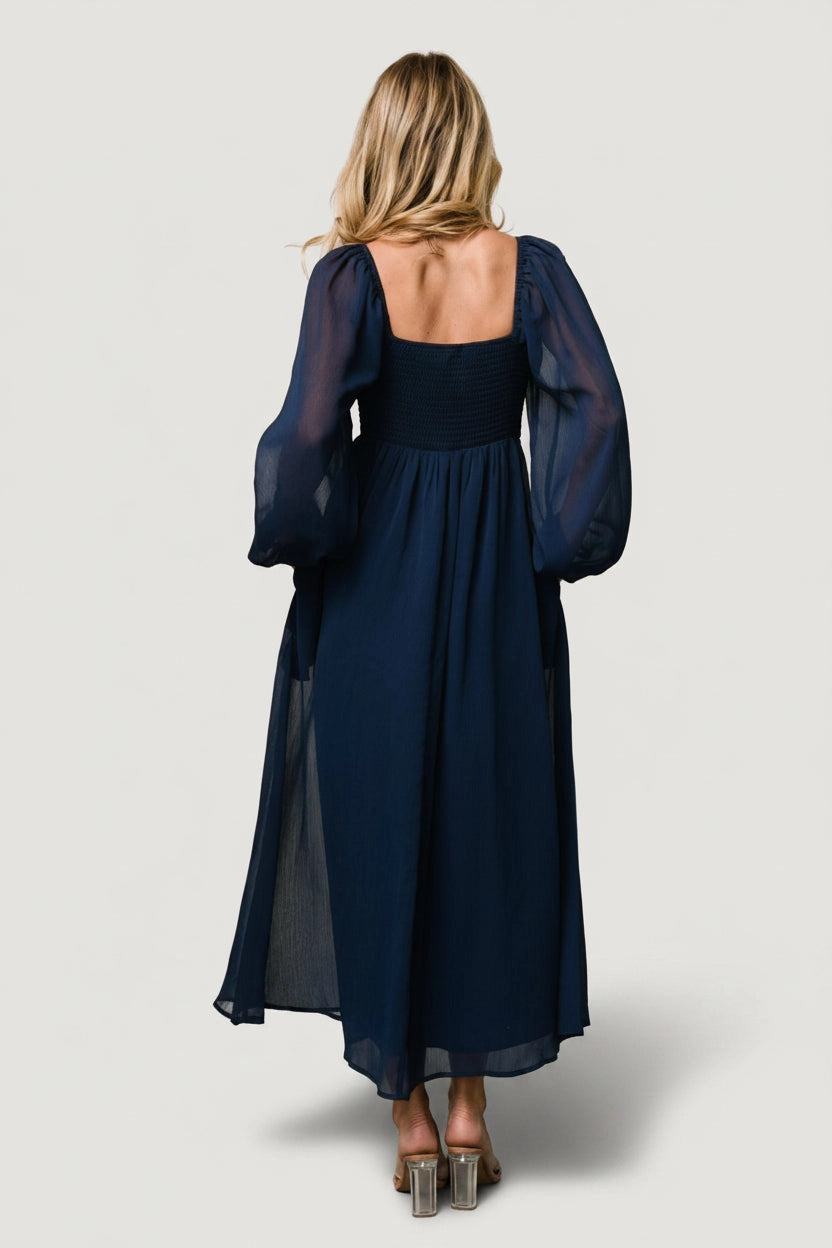 Flowy Midi V-Neck Twist Long Sleeve Smocked-Back Mother Of Bride Dress