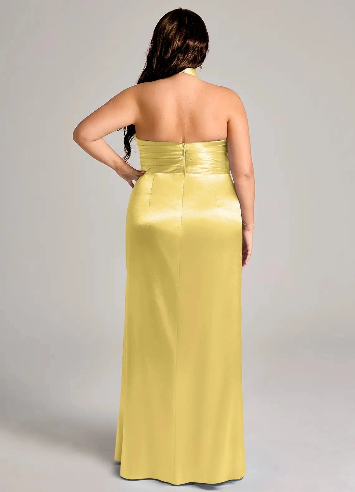 Butter yellow plus size open back ruched zipper long satin evening dress back view