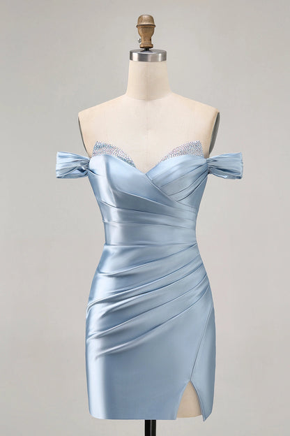 Roselle Dress light blue satin mini dress off shoulder rhinestone sweetheart ruched homecoming gown front view