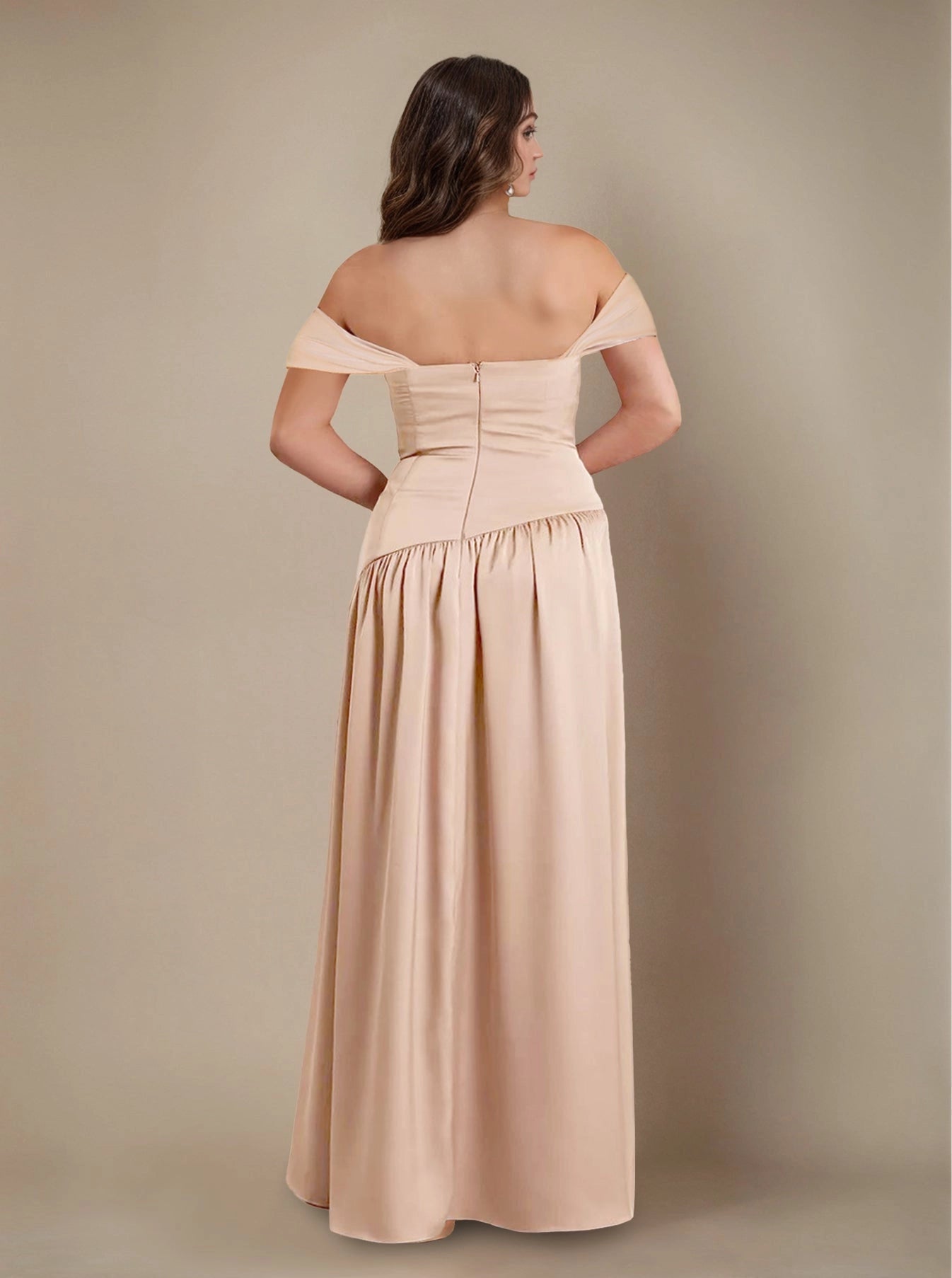 Roselledress satin formal dress plus size off shoulder ruched zipper back slit bridesmaid dress back view
