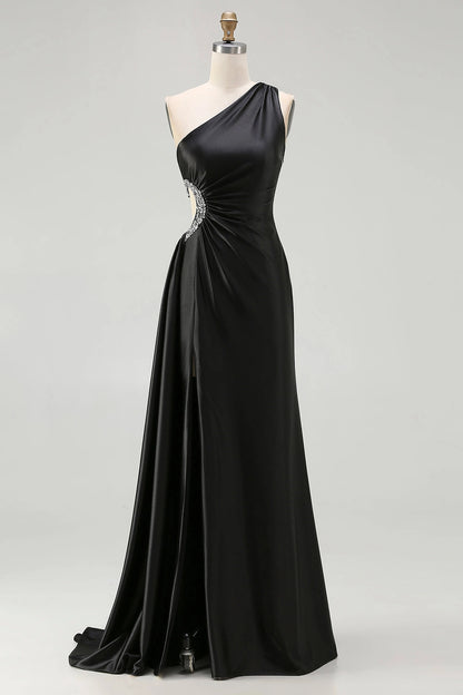 Black Plus Size Mermaid One Shoulder Sleeveless Solid Back Long Prom Dress