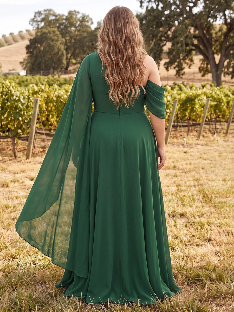 Back view Roselledress emerald green a‑line bridesmaid dress plain zipper back floor‑length plus size chiffon gown