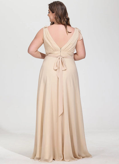 roselledress curvy nude chiffon maxi dress deep v back zipper waist bow formal evening dress