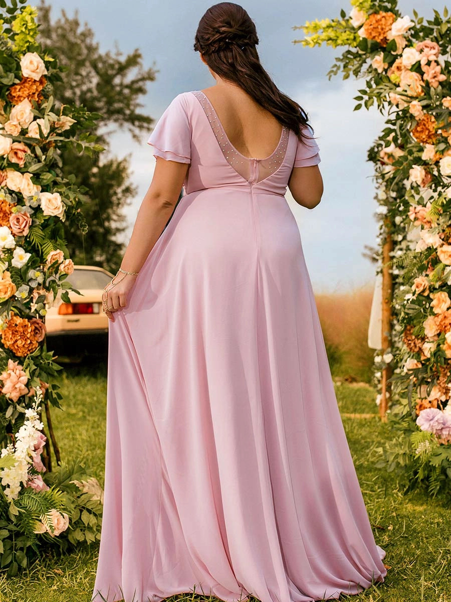 Back view of roselledress dusty pink beaded illusion open back plus size chiffon maxi formal bridesmaid gown