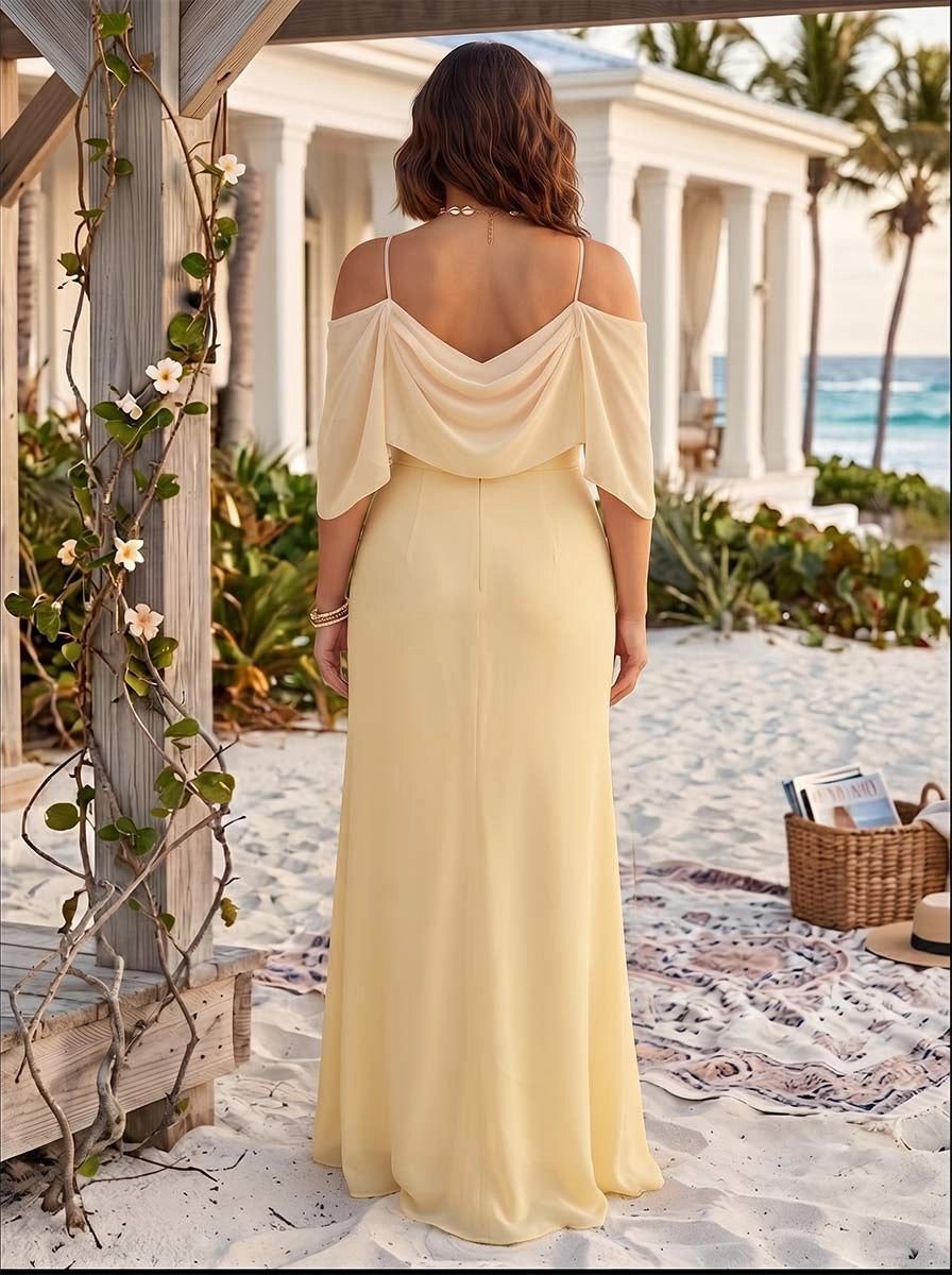 Back view RoselleDress pale yellow curvy chiffon gown draped cowl back cold shoulder floor‑length beach wedding guest dress