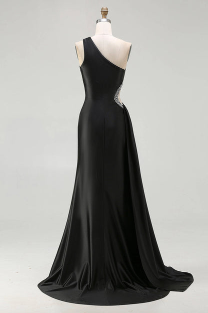 Black Plus Size Mermaid One Shoulder Sleeveless Solid Back Long Prom Dress