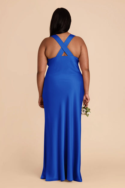 Soft Satin Mermaid V Neck Sleeveless Cross Back Maxi Plus Size Bridesmaid Dress